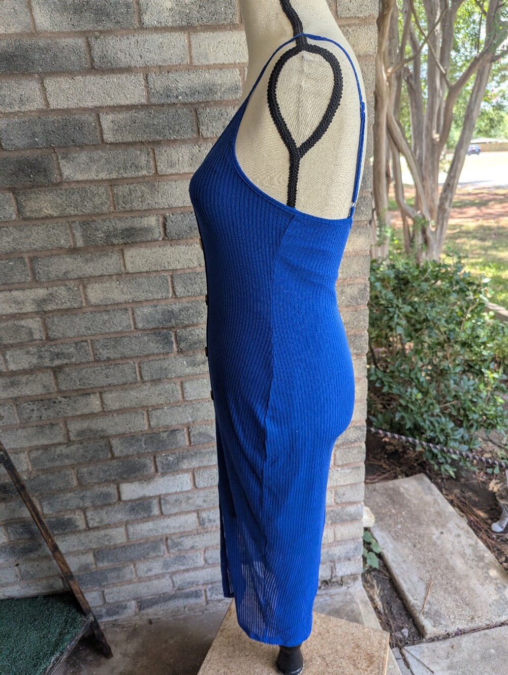 Express Royal Blue Button-Front Ribbed Maxi Dress. - Picture 3 of 5